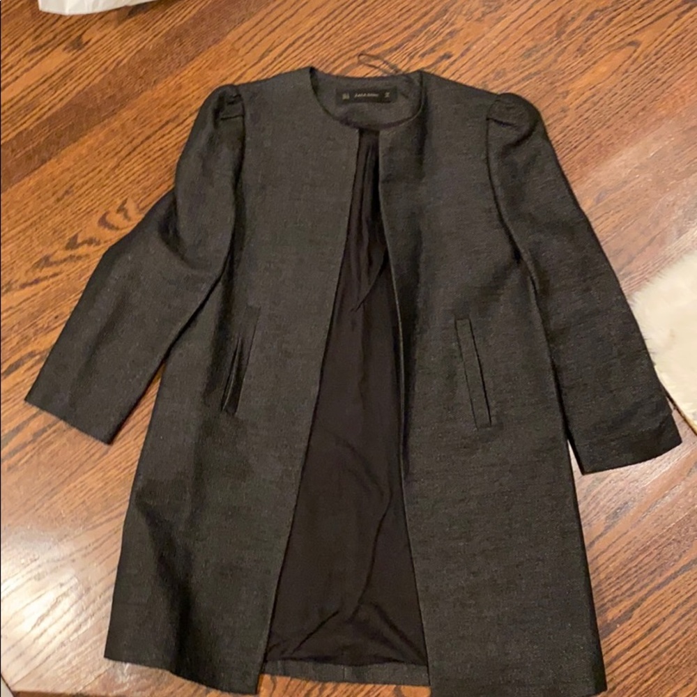 Zara Charcoal Black Open-Front Long Textured Blazer Coat